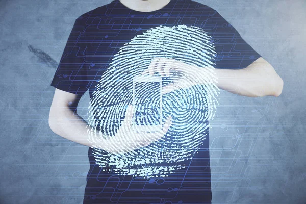 Podwójna Ekspozycja Rąk Człowieka Trzymających Używających Cyfrowego Urządzenia Hologramu Linii — Zdjęcie stockowe