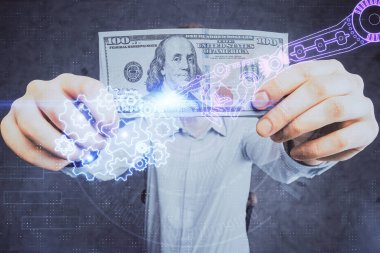 Teknolojinin iki katına çıkması hologram, dolar banknotları ve insan eli. Veri kavramı