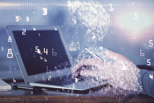 Podwójna Ekspozycja Rąk Człowieka Trzymających Wykorzystujących Cyfrowe Urządzenie Techniczny Hologram — Zdjęcie stockowe