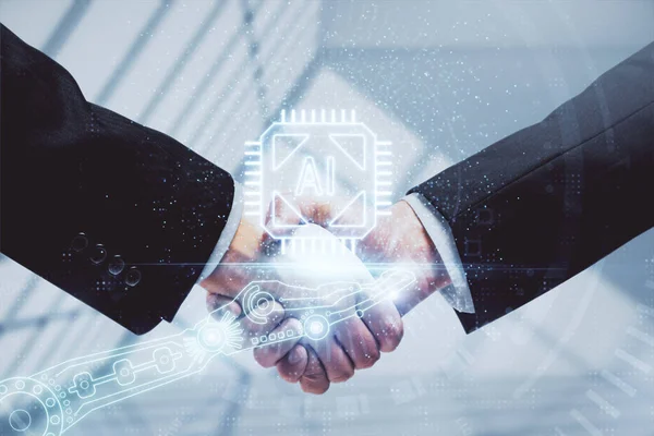 Double Exposure Data Theme Hologram Handshake Two Men Partnership Industry — Stock Photo, Image