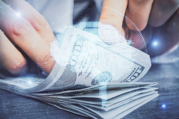 Multi Blootstelling Van Hersenen Tekenen Hologram Ons Dollars Biljetten Mannenhanden — Stockfoto