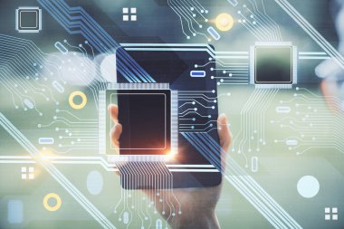 Teknolojiye çifte maruz kalma, hologram çizimi ve cep telefonu kullanan bir kadın. Ai kavramı