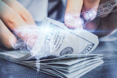 Beynin holograma maruz kalması, bize dolar banknotları ve insan eli çizmesi. Ai yatırım konsepti