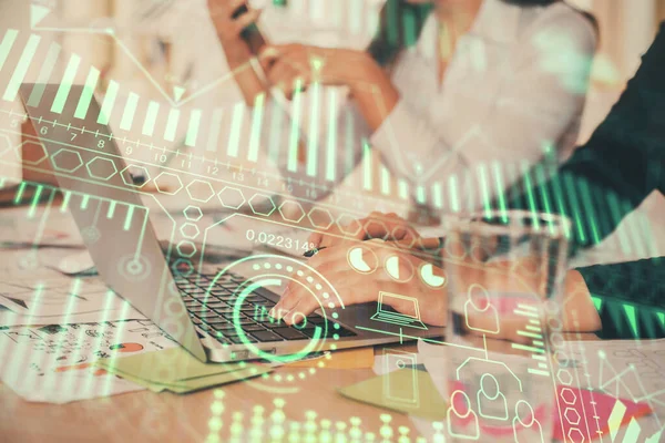 Doble Exposición Las Manos Mujer Escribiendo Dibujo Tema Computadora Tecnología — Foto de Stock