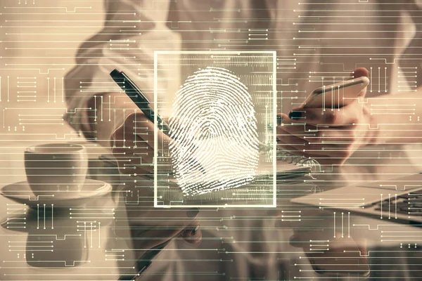 Double exposure of fingerprint hologram and woman holding and using a mobile device. Security concept.