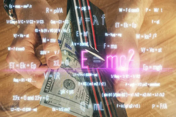 Multi Exposure Van Formules Tekenen Hologram Amerikaanse Dollars Biljetten Man — Stockfoto