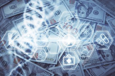 ABD dolarının arka planında DNA 'ya çifte maruz kalma. Tıp eğitimi kavramı.