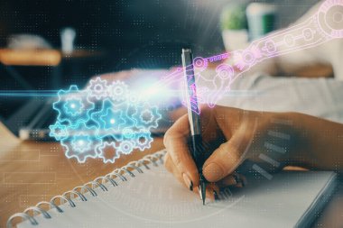 Veri temalı çizimin arka plan yazan insanların üzerine çifte pozlanması. Teknoloji kavramı