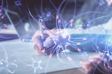 Nöron temasının arka plan notları alan insanların üzerine çift taraflı çizimi. Tıp eğitimi kavramı