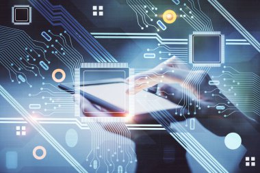Teknolojiye çifte maruz kalma, hologram çizimi ve cep telefonu kullanan bir kadın. Ai kavramı
