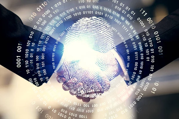Doppelte Belichtung Des Fingerabdruck Hologramms Und Handschlag Zweier Männer Sicherheitskonzept — Stockfoto