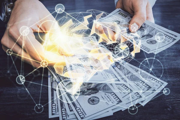 Multi Exposure Brain Drawing Hologram Dollars Bills Man Hands Invest — Stock Photo, Image