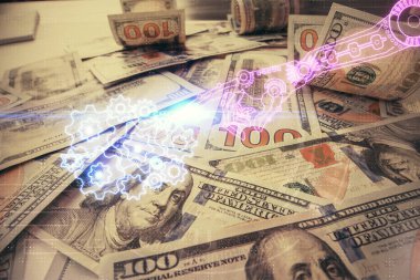 İki kez veri temasına maruz kalınca dolar banknotları arka planda kalıyor. Teknoloji konsepti.