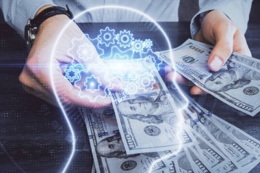 Beynin holograma maruz kalması, bize dolar banknotları ve insan eli çizmesi. Ai yatırım konsepti