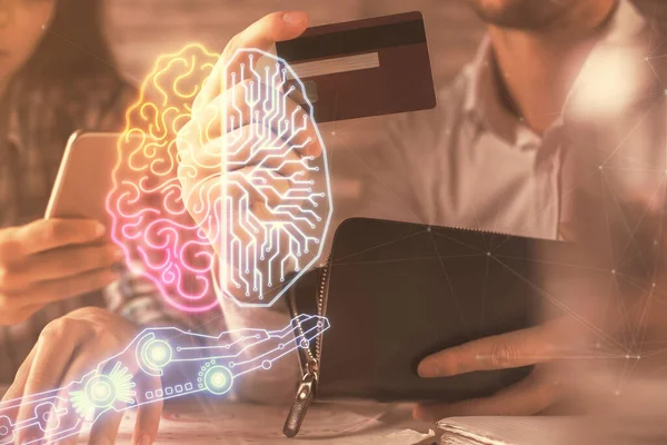 Double exposure of man and woman on-line shopping holding a credit card and brain hologram drawing. Ai and E-commerce pay on-line concept.