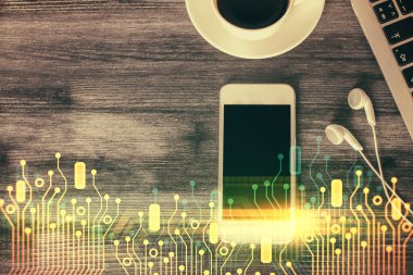 Çalışma masasının üzerine teknoloji teması çizimi çifte pozlama. Üst Manzara. Küresel veri analiz kavramı.