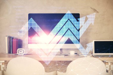 Büyüyen oklar ve ofisin arka planında çift pozlama. Büyüme Konsepti.