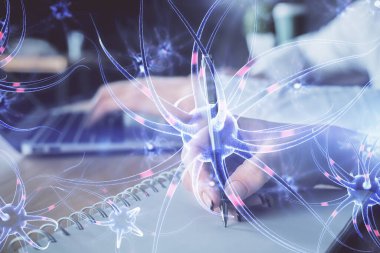 Nöron temasının arka plan notları alan insanların üzerine çift taraflı çizimi. Tıp eğitimi kavramı