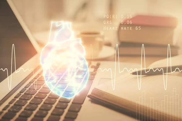 Doppelbelichtung Von Herzzeichnung Und Desktop Mit Kaffee Und Gegenständen Auf — Stockfoto