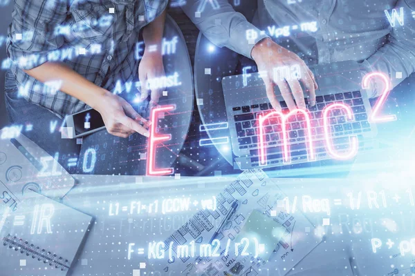 Double Exposure Man Woman Working Together Formula Hologram Drawing Computer — Stock Photo, Image