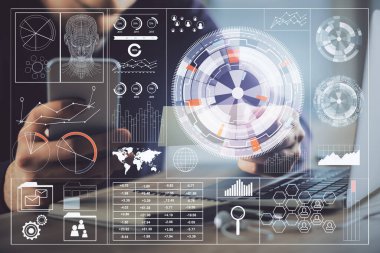 Dijital bir cihaz ve veri temalı çizim kullanan bir adamın el ele tutuşması. Yenilik kavramı.