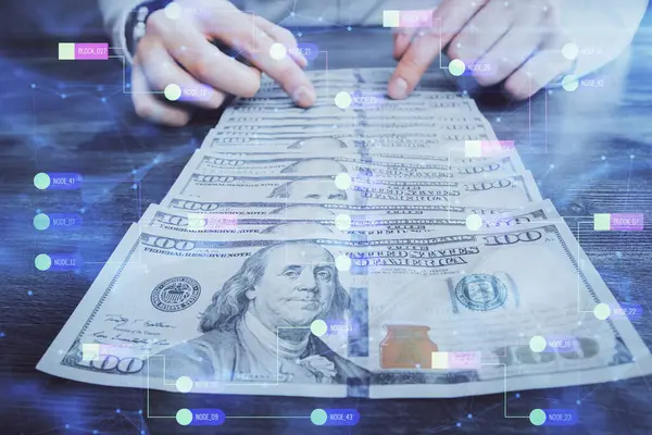 Dubbel Exponering Teknik Som Ritar Hologram Och Oss Dollarsedlar Och — Stockfoto