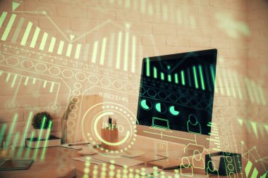 Teknoloji temalı çizimlere ve ofis içi arka planına çifte maruz kalma. Teknoloji konsepti.