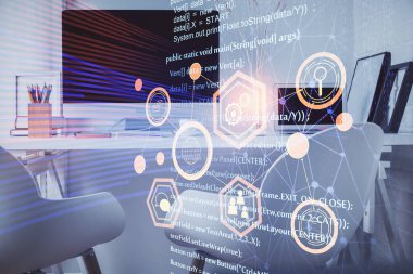 Veri teması çizimi ve ofis içi arka planına çifte maruz kalma. Teknoloji kavramı.