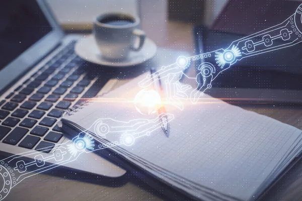 Multi Exposure Van Technologie Thema Tekening Desktop Met Koffie Items — Stockfoto