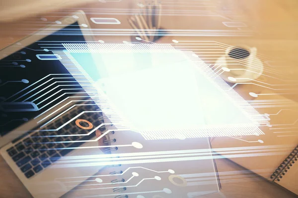 Mehrfachbelichtung Von Frauenhänden Die Computer Und Datenthematik Hologrammzeichnung Arbeiten Tech — Stockfoto