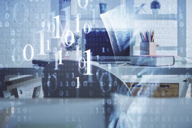 Veri teması çizimi ve ofis içi arka planına çifte maruz kalma. Teknoloji kavramı.