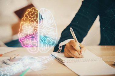 Arka planda not alan insanların beyinlerini çizerken çifte maruz kalma. Ai kavramı