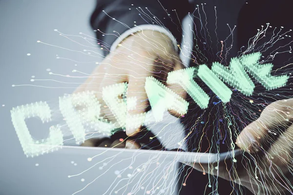 Double Exposure Man Hands Holding Using Mobile Device Creative Hologram — Stock Photo, Image