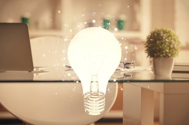 Ampul ve ofis içi arka planının iki katı. Fikir kavramı.