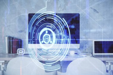 Veri teması çizimi ve ofis içi arka planına çoklu maruz kalma. Teknoloji kavramı.