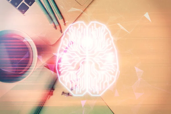 Wielokrotna Ekspozycja Hologramu Szkicowego Mózgu Tle Stołu Roboczego Komputerem Pojęcie — Zdjęcie stockowe