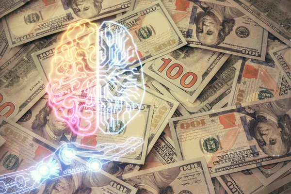 Dubbele Blootstelling Van Hersenen Tekenen Ons Dollar Biljet Achtergrond Technologieconcept — Stockfoto