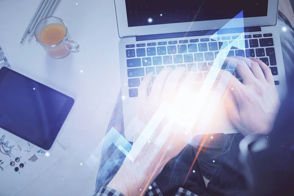 Double Exposure Man Hands Typing Computer Keyboard Growing Arrows Hologram — Stock Photo, Image