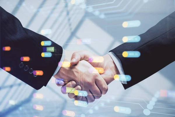 Double Exposure Data Theme Hologram Handshake Two Men Partnership Industry — Stock Photo, Image