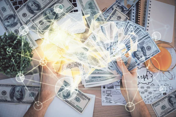 Multi Exposure Brain Drawing Hologram Dollars Bills Man Hands Invest — Stock Photo, Image