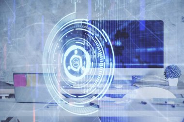 Veri teması çizimi ve ofis içi arka planına çoklu maruz kalma. Teknoloji kavramı.