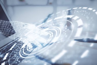 Teknoloji temalı çizimlere ve masaüstüne kahve ve masa arkasında eşyalar ile çifte pozlama. Veri araştırması kavramı.