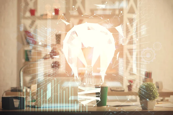 Double Exposure Bulb Office Interior Background Concept Idea — Stock Photo, Image