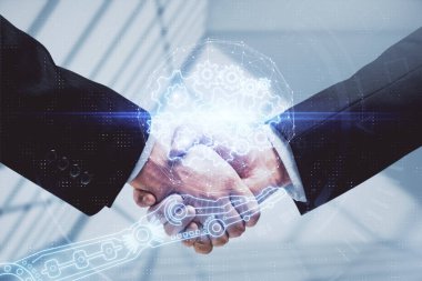 İki kişinin veri temalı hologramı ve el sıkışması. Bilişim endüstrisi konseptinde ortaklık.