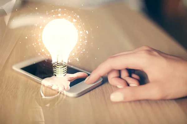 Double Exposure Light Bulb Hologram Woman Holding Using Mobile Device — Stock Photo, Image