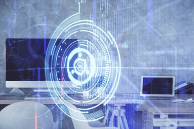 Veri teması çizimi ve ofis içi arka planına çoklu maruz kalma. Teknoloji kavramı.