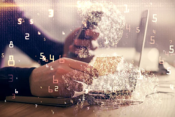 Double Exposure Man Hands Holding Using Digital Device Tech Theme — Stock Photo, Image