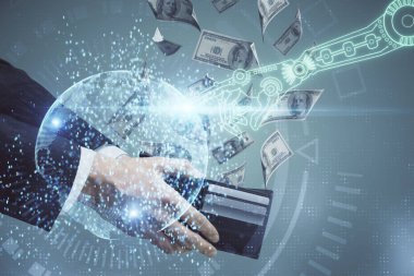 Teknolojiye çoklu maruz kalma hologram, dolar banknotları ve insan eli. Veri kavramı