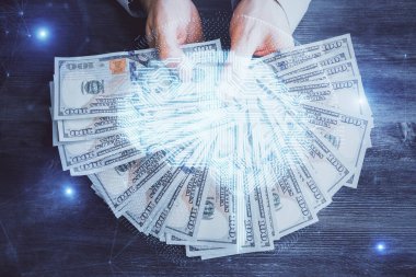 Beynin holograma maruz kalması, bize dolar banknotları ve insan eli çizmesi. Ai yatırım konsepti