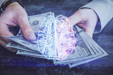 Beynin holograma maruz kalması, bize dolar banknotları ve insan eli çizmesi. Ai yatırım konsepti